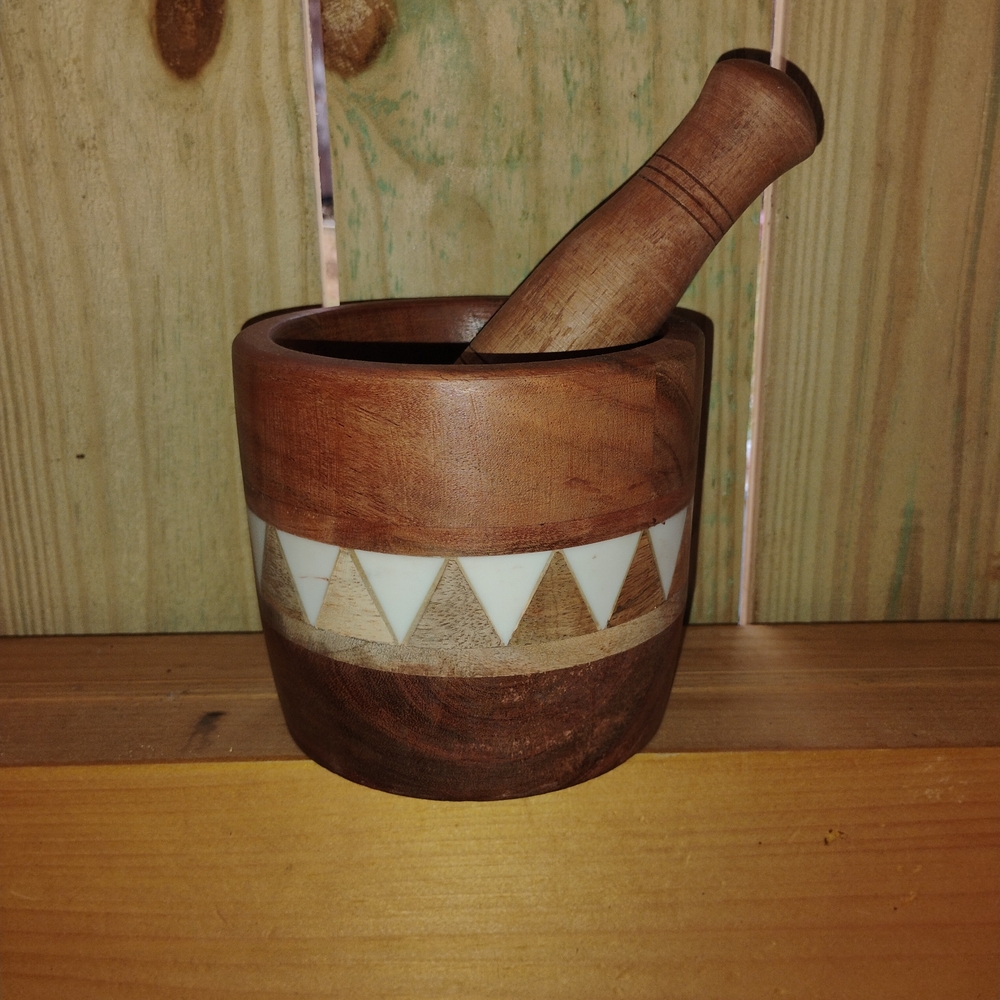Wooden Mortar and Pestle with Geometric Design